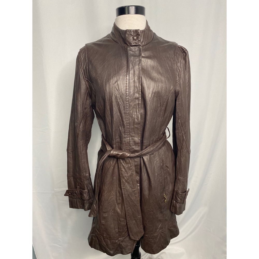 UGG Australia‎ Womens Brown Leather Trench Coat Mock Neck Belted Jacket Large